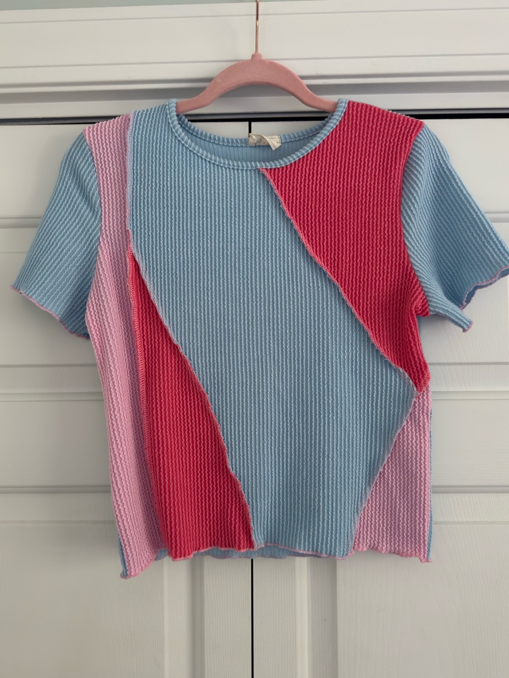 Lovely Melody Colorblock Short Sleeve Knit Top - Blue & Pink